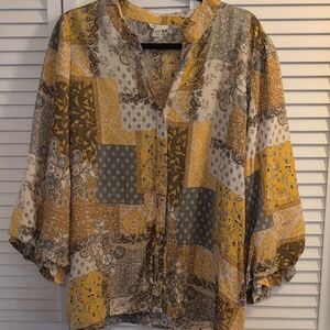 Cato Yellow and Gray Patchwork Blouse